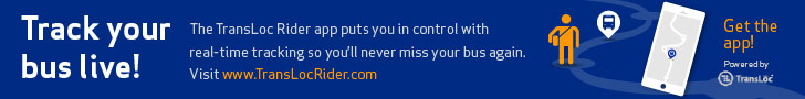 Get the TransLoc App and Track your bus Live. The TranLoc Rider app Puts you in control with real-Time Tracking so you will never miss your bus again. visit Translocrider.com for more information.