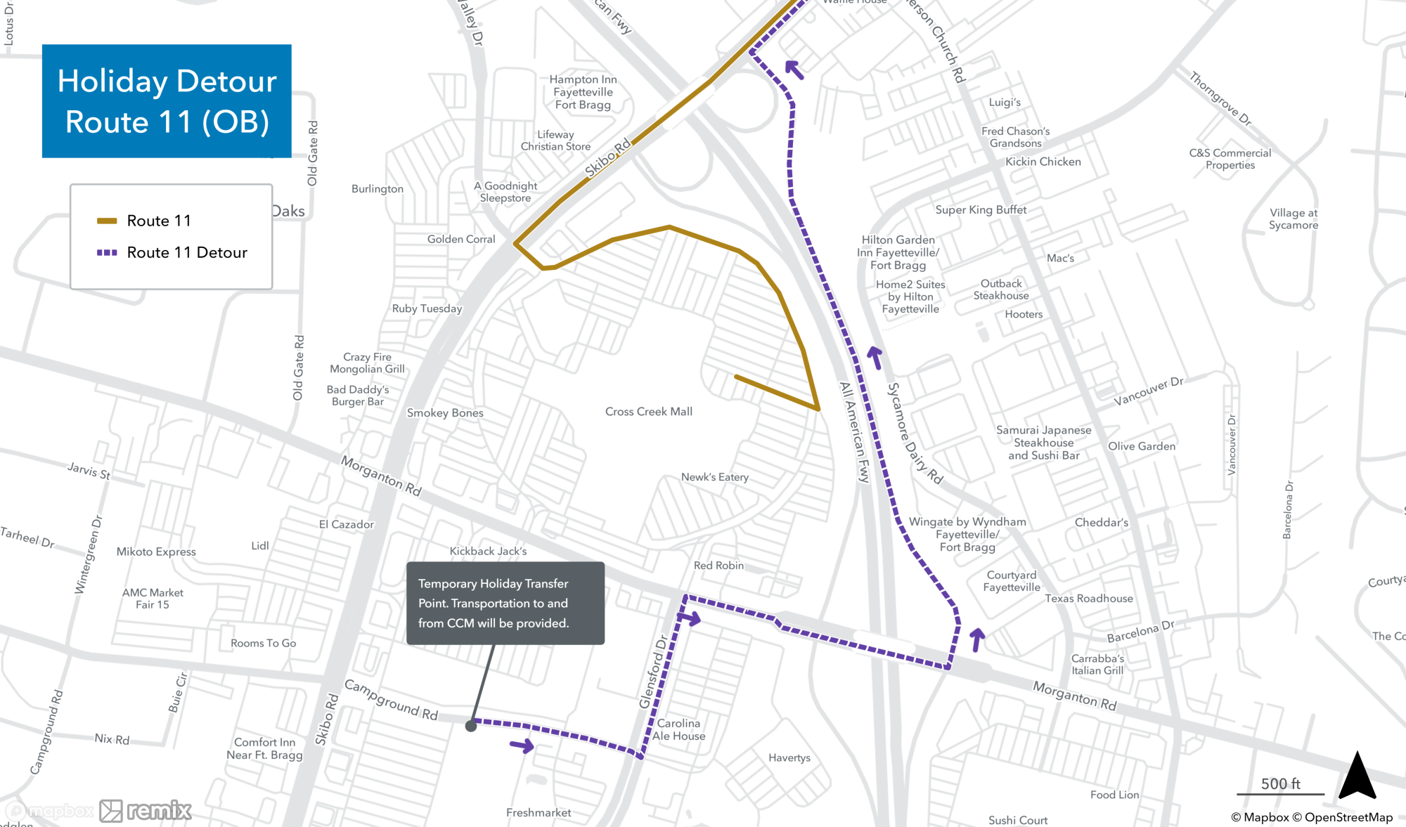 Holiday Mall Detours - Route 11 OB