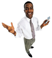 Man in business clothes smiling and holding a calculator